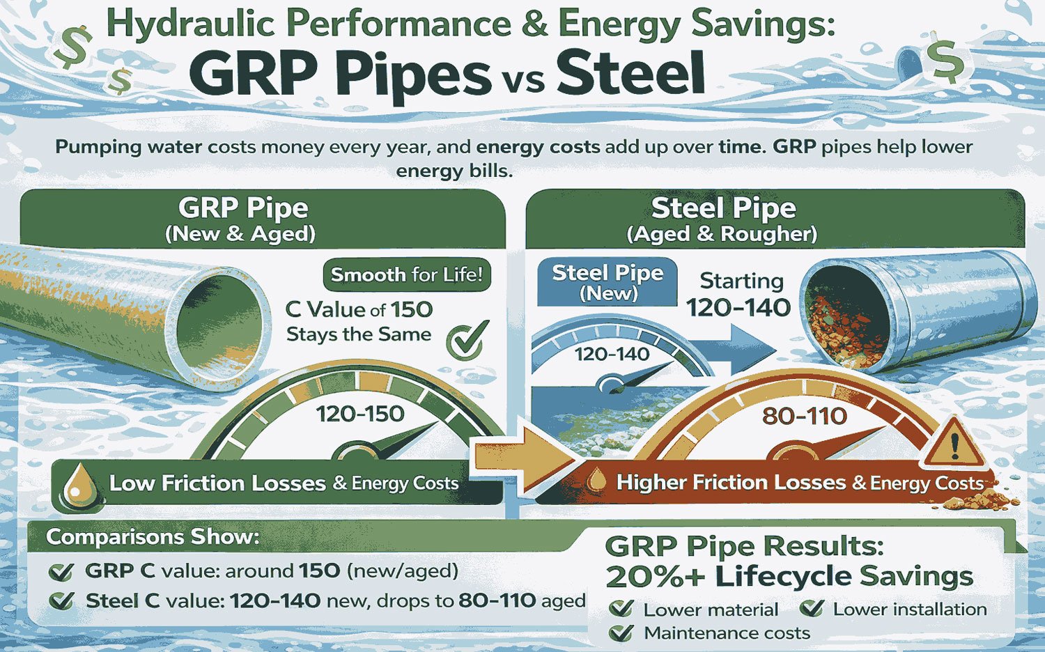 Hydraulic Performance & Energy Savings GRP Pipes vs Steel