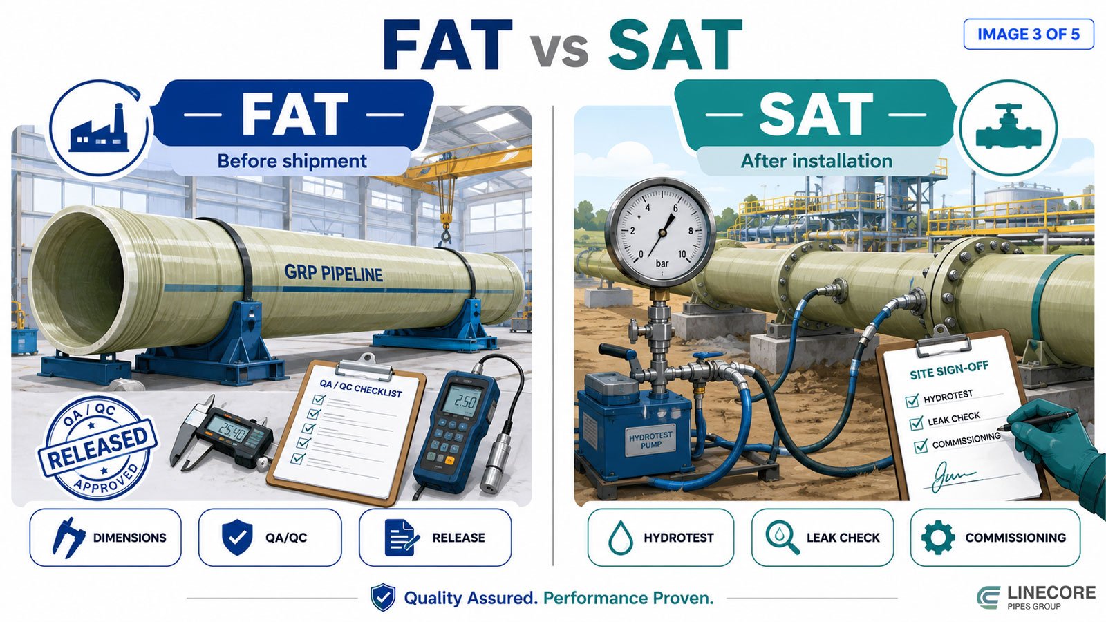 GRP Pipeline FAT vs SAT Testing Comparison