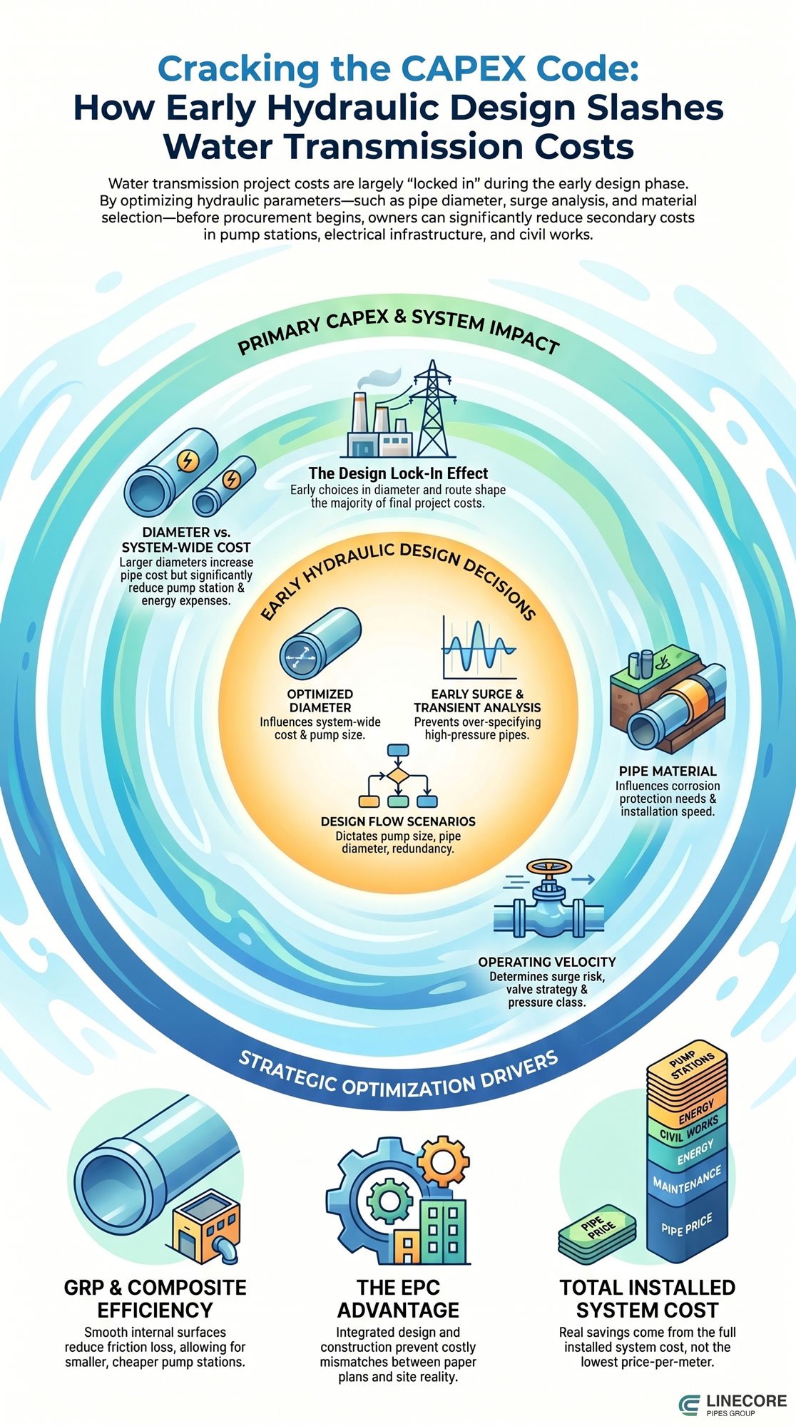 early hydraulic decisions reduce capex infographic